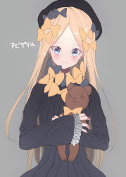 Rule 34 | 1girl, abigail williams (fate), asumat, black bow, black dress, black hat, blonde hair, blue eyes, blush, bow, breasts, closed mouth, dress, fate/grand order, fate (series), forehead, grey background, hair bow, hat, long hair, multiple hair bows, orange bow, parted bangs, ribbed dress, simple background, sleeves past fingers, sleeves past wrists, small breasts, smile, solo, stuffed animal, stuffed toy, teddy bear
