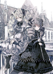 Rule 34 | 2girls, :o, animal ears, boots, bow, cierra (ra-bit), cross-laced footwear, dress, drill hair, frilled dress, frills, grey eyes, grey hair, hair ornament, hair ribbon, highres, layered dress, long hair, long sleeves, looking at viewer, monochrome, multiple girls, muted color, original, ribbon, sword, twin drills, weapon