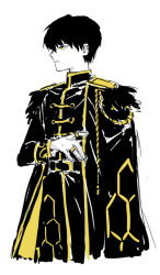 Rule 34 | 1boy, aiguillette, ayin (project moon), belt, black belt, black cape, black coat, black hair, buttons, cape, carol0905, closed mouth, coat, cowboy shot, ear piercing, epaulettes, fur-trimmed cape, fur trim, gold trim, jewelry, lobotomy corporation, long sleeves, looking to the side, male focus, multiple rings, piercing, project moon, ring, simple background, solo, white background