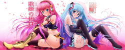 Rule 34 | 2girls, :o, aqua eyes, aqua hair, blush, boots, cameltoe, cross-laced footwear, detached sleeves, hatsune miku, headphones, highres, lace-up boots, legs, long hair, long image, looking at viewer, megurine luka, midriff, multiple girls, navel, necktie, obiwan, panties, pantyshot, pink hair, sitting, skirt, striped clothes, striped panties, thighhighs, twintails, underwear, very long hair, vocaloid, wide image, zettai ryouiki