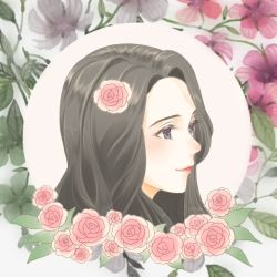 Rule 34 | 1girl, bad id, bad pixiv id, black hair, blush, close-up, closed mouth, commentary, eyebrows, eyelashes, flower, forehead, framed, from side, gyokudama (niku), hair flower, hair ornament, leaf, lips, lipstick, long hair, looking away, makeup, nose, nose blush, original, parted bangs, pink flower, pink rose, portrait, purple eyes, red lips, rose, smile, solo