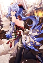 Rule 34 | :o, absurdres, ahoge, back, backless outfit, bare shoulders, black legwear, blue hair, bow, bowtie, chinese knot, curled horns, detached sleeves, flower knot, flying paper, from behind, ganyu (genshin impact), genshin impact, gloves, gold trim, highres, hizuki miya, holding, holding paper, horns, indoors, long hair, looking at viewer, low ponytail, multicolored eyes, open mouth, paimon (genshin impact), paper, solo, standing, tassel, thighlet, vision (genshin impact), waist cape, white sleeves