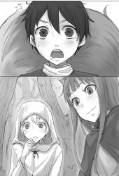Rule 34 | 1boy, 2girls, androgynous, animal ears, ariette (spice and wolf), ayakura juu, blush, cape, drooling, forest, greyscale, hair between eyes, holo, hood, klaus (spice and wolf), looking at viewer, monochrome, multiple girls, nature, novel illustration, official art, open mouth, outdoors, short hair, smile, spice and wolf, sweatdrop, tail, tree, wolf ears, wolf tail