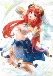 Rule 34 | 1girl, brooch, commentary request, dancer, detached sleeves, foot out of frame, genshin impact, green eyes, highres, horns, jewelry, long hair, looking at viewer, midriff, navel, nilou (genshin impact), ohbuya, open mouth, red hair, white veil