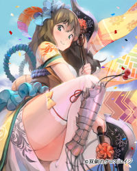 Rule 34 | 1girl, armor, axe, bad id, bad pixiv id, brown hair, ddal, flower, gender request, genderswap, green eyes, hair flower, hair ornament, japanese clothes, long hair, looking at viewer, maeda toshiie, smile, solo, souken no cross age, thighhighs, weapon, white thighhighs