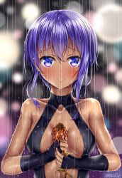 Rule 34 | 1girl, black gloves, blurry, blurry background, blush, breasts, breasts apart, center opening, closed mouth, collarbone, dark-skinned female, dark skin, elbow gloves, fate/prototype, fate/prototype: fragments of blue and silver, fate (series), flower, gloves, hassan of serenity (fate), highres, holding, holding flower, looking at viewer, medium breasts, puririn, purple eyes, purple hair, rain, short hair, sidelocks, smile, solo, twitter username, upper body, water, water drop, wet, wet hair