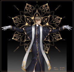 Rule 34 | 1boy, bad id, bad pixiv id, black background, brown hair, buttons, cassock, closed eyes, closed mouth, collar, full body, gloves, gradient background, grey background, heshikiri hasebe, highres, lace background, long sleeves, male focus, outstretched arms, priest, sidelocks, simple background, solo, standing, touken ranbu, user tejj5554, white gloves