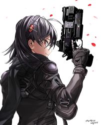 Rule 34 | 1girl, animification, b3 wingman elite, black hair, black scarf, commentary, english commentary, from behind, gun, hair behind ear, hair ornament, handgun, highres, holding, holding gun, holding weapon, kotone a, personification, pilot suit, red eyes, revolver, scarf, smile, solo, titanfall (series), titanfall 2, weapon