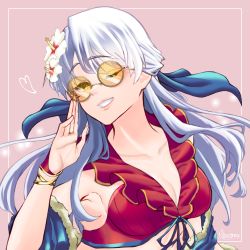 Rule 34 | 1girl, adjusting eyewear, armpits, bare shoulders, bikini, blue scarf, breasts, cleavage cutout, clothing cutout, collarbone, fingerless gloves, fire emblem, fire emblem: radiant dawn, fire emblem heroes, front-tie top, gloves, grey hair, grin, hair ribbon, half updo, heart, highres, long hair, looking at viewer, marth-chan (micaiah mrmm), medium breasts, micaiah (fire emblem), micaiah (summer) (fire emblem), nintendo, official alternate costume, one eye closed, orange-tinted eyewear, pink background, red bikini, red gloves, ribbon, scarf, see-through, signature, simple background, smile, solo, sunglasses, swimsuit, teeth, tinted eyewear, towel, upper body, yellow eyes