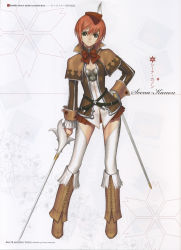 Rule 34 | boots, brown eyes, capelet, hand on own hip, hat, highres, holding, holding weapon, knee boots, looking at viewer, miniskirt, pleated skirt, rapier, red hair, ribbon, seena kanon, shining (series), shining wind, short hair, skirt, smile, solo, sword, thighhighs, tony taka, weapon, white thighhighs, zettai ryouiki