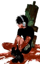 Rule 34 | 1boy, absurdres, aged down, black eyes, black footwear, black hair, black shirt, black shorts, blood, blood on arm, blood on face, blood on leg, closed mouth, full body, gun, headphones, highres, huge weapon, knee up, male focus, my nameisyoon, nicholas d. wolfwood, pouch, profile, rifle, shirt, shoes, short hair, short sleeves, shorts, simple background, sitting, solo, thigh pouch, trigun, weapon, white background, white headphones