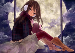 Rule 34 | 1girl, boots, brown eyes, brown hair, earmuffs, full moon, gloves, lips, long hair, looking at viewer, moon, original, pantyhose, pisuke, plaid, red pantyhose, scarf, skirt, smile, solo, winter clothes