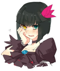 Rule 34 | !?, 10s, 1girl, aano (10bit), black dress, black neckwear, blue eyes, blush, bob cut, dark precure, dress, embarrassed, green hair, hair ornament, hand on own cheek, hand on own face, heartcatch precure!, heterochromia, looking at viewer, magical girl, portrait, precure, short hair, simple background, sketch, solo, white background, wrist cuffs, yellow eyes