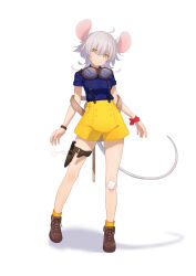 Rule 34 | 1girl, absurdres, ahoge, animal ears, bandaid, bandaid on knee, bandaid on leg, collared shirt, full body, goggles, goggles around neck, high-waist shorts, highres, holster, knife sheath, long hair, mouse ears, mouse girl, mouse tail, nana mikoto, original, shadow, sheath, shirt, shirt tucked in, short sleeves, shorts, smile, socks, solo, suspenders, tail, thigh holster, white background, white hair, wristband, yellow eyes