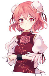 Rule 34 | 1girl, bandages, bow, bun cover, chinese clothes, cuffs, double bun, flower, hair bow, hair bun, ibaraki kasen, looking at viewer, pink eyes, pink flower, pink hair, pink rose, puffy short sleeves, puffy sleeves, rose, shackles, shirt, short hair, short sleeves, simple background, smile, solo, tabard, touhou, upper body, uranaishi (miraura)