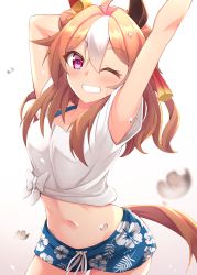 Rule 34 | 1girl, absurdres, ahoge, animal ears, arm behind head, armpits, arms up, blue male swimwear, blue shorts, blue swim trunks, blush, breasts, brown hair, commentary request, copano rickey (umamusume), cowboy shot, double bun, drawstring, ear covers, floral print, floral swimsuit, gaze on me! outfit (umamusume), grin, groin, hair between eyes, hair bun, hair ornament, hibiscus print, highres, horse ears, horse girl, horse tail, kuzukiri (riezenagel), long hair, looking at viewer, male swimwear, medium breasts, midriff, multicolored hair, navel, official alternate costume, one eye closed, pink eyes, print male swimwear, print swim trunks, print swimsuit, shirt, short sleeves, shorts, sidelocks, simple background, single ear cover, smile, solo, standing, swim trunks, swimsuit, tail, tassel, tassel hair ornament, teeth, tied shirt, two-tone hair, umamusume, water drop, white background, white hair, white shirt