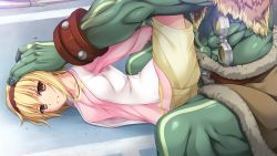 Rule 34 | 1boy, 1girl, angry, arm grab, blonde hair, blush, brave hunter aoi, breasts, clenched teeth, facing viewer, game cg, hair ornament, hairband, hand on another&#039;s head, hiratsuka touko, holding another&#039;s wrist, imminent rape, include (studio), leg lift, leg up, long sleeves, looking at viewer, lying, on ground, on side, red hairband, restrained, short hair, shorts, solo focus, spread legs, teeth, yellow eyes, yoshi hyuuma