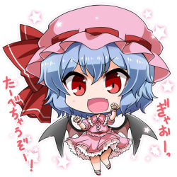 Rule 34 | &gt;:d, 1girl, :d, bad id, bad pixiv id, bat wings, blue hair, bobby socks, bow, buttons, check translation, chibi, collared shirt, commentary request, fang, frilled cuffs, frilled shirt collar, frilled skirt, frills, full body, hat, hat bow, light blue hair, looking at viewer, mob cap, noai nioshi, open mouth, paw pose, pink hat, pink shirt, pink skirt, puffy short sleeves, puffy sleeves, red bow, red eyes, red footwear, red ribbon, remilia scarlet, ribbon, ribbon-trimmed headwear, ribbon trim, sash, shirt, shoes, short hair, short sleeves, simple background, skirt, skirt set, smile, socks, solo, standing, standing on one leg, star (symbol), touhou, translated, translation request, v-shaped eyebrows, white background, white socks, wing collar, wings, wrist cuffs