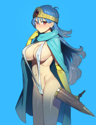 Rule 34 | 1girl, ahoge, blue background, blue cape, blue hair, blush, breasts, cape, circlet, closed mouth, commentary request, covered erect nipples, dragon quest, dragon quest iii, elbow gloves, gloves, hair between eyes, hand up, highres, holding, jewelry, large breasts, long hair, looking at viewer, munashi mujou, navel, one-piece swimsuit, red eyes, revealing clothes, sage (dq3), shiny skin, simple background, slingshot swimsuit, solo, staff, stomach, swimsuit, thighs, white one-piece swimsuit, white slingshot swimsuit, yellow gloves