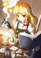 Rule 34 | 1girl, alcohol burner, blonde hair, book, bottle, bow, braid, brown background, brown eyes, chair, flask, gloves, hair bow, high collar, kirisame marisa, long hair, looking at viewer, miyahara gouto, mortar (bowl), mushroom, no headwear, open book, pestle, puffy short sleeves, puffy sleeves, red bow, rubber gloves, short sleeves, simple background, single braid, smile, smoke, solo, star (symbol), table, touhou, vest