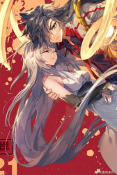 Rule 34 | 1boy, 1girl, black hair, carrying, carrying person, douluo dalu, closed eyes, gu yuena, highres, husband and wife, long hair, red background, silver hair, tang wulin (douluo dalu)
