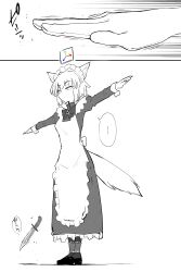 Rule 34 | ..., 1girl, animal ears, ankle cuffs, apron, bow, bowtie, commentary request, dropped object, expressionless, frilled apron, frilled headwear, frills, full body, gloves, greyscale, highres, knife, maid, maid headdress, medium hair, monochrome, original, outstretched arms, outstretched hand, sakifox, sidelocks, simple background, solo, sound effects, speech bubble, spoken ellipsis, standing, t-pose, tail, white apron, white background, white gloves, wolf ears, wolf maid (sakifox), wolf tail, wrist cuffs, xyz axis