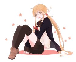 Rule 34 | 1girl, armband, bad id, bad twitter id, black jacket, black sailor collar, black thighhighs, blonde hair, brown footwear, crescent, crescent pin, full body, highres, jacket, kantai collection, loafers, long hair, looking at viewer, low twintails, sailor collar, satsuki (kancolle), satsuki kai ni (kancolle), shakemi (sake mgmgmg), shoes, simple background, sitting, solo, thighhighs, twintails, white background, yellow eyes