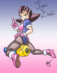 Rule 34 | 1girl, ass, blush, breasts, character name, clothes lift, dated, full body, gloves, green eyes, hand gesture, jacket, large breasts, looking at viewer, looking back, mega man (series), mega man legends (series), middle finger, pantyhose, pink gloves, puffy short sleeves, puffy sleeves, riding, servbot (mega man), shirt lift, shoes, short sleeves, signature, sitting, sitting on face, sitting on person, smile, solo focus, tron bonne (mega man)