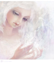 Rule 34 | 1girl, bad id, bad pixiv id, english text, eyelashes, falling feathers, feathers, female focus, gradient background, highres, hiwako (liquid), lips, looking down, original, solo, white background, white hair, white theme