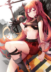 Rule 34 | 1girl, absurdres, arknights, bare arms, black choker, black footwear, black shirt, boots, breasts, choker, commentary, crop top, hair between eyes, highres, horns, leg strap, long hair, looking at viewer, medium breasts, midriff, miniskirt, nail polish, navel, official alternate costume, pencil skirt, purple eyes, red hair, red nails, red skirt, shirt, short sleeves, sitting, skirt, solo, stomach, surtr (arknights), surtr (liberte echec) (arknights), thighs, torn clothes, torn shirt, underboob, very long hair, xiongshouji