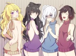 Rule 34 | 4girls, ass, backless dress, backless outfit, bare back, black hair, blake belladonna, blonde hair, blue eyes, bow, breast envy, butt crack, commentary, dress, closed eyes, hair bow, halterneck, laughing, maguro (guromaguro), meme attire, multiple girls, naked sweater, purple eyes, red hair, ruby rose, rwby, sweater, sweater dress, virgin killer sweater, weiss schnee, white hair, yang xiao long, yellow eyes