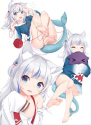 Rule 34 | 1girl, animal ears, bare legs, barefoot, blouse, blue eyes, blue hair, blue hoodie, cat ears, closed eyes, collarbone, gawr gura, hair ornament, highres, hololive, hololive english, hood, hoodie, legs, meemo, multicolored hair, multiple views, off shoulder, open mouth, sharp teeth, shirt, silver hair, simple background, sleeves past wrists, soles, tail, teeth, thread, toes, two-tone hair, virtual youtuber, white background, white shirt