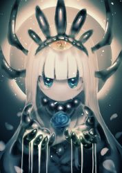 Rule 34 | 1girl, absurdres, blue eyes, blue flower, blue rose, blunt bangs, colored skin, crown, flower, hands up, highres, horns, looking at viewer, mana matitia (okame nin), no mouth, okame nin, original, outstretched arms, rose, smile, solo, white hair, white skin