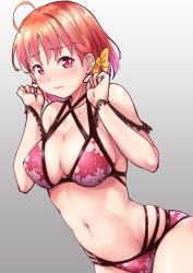Rule 34 | 1girl, ahoge, bare shoulders, bikini, bikini top only, blush, bow, braid, breasts, cleavage, closed mouth, collarbone, cowboy shot, cross-laced bikini top, female focus, floral print, grey background, hair bow, hair ornament, halterneck, hands up, highres, kanabun, large breasts, looking at viewer, love live!, love live! sunshine!!, medium breasts, multi-strapped bikini, navel, orange hair, red bikini, red eyes, ribbon, short hair, side braid, simple background, skindentation, solo, standing, stomach, swimsuit, takami chika, thigh strap, yellow bow, yellow ribbon