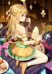 Rule 34 | 1girl, absurdres, apple, arm garter, bang dream!, bare shoulders, blonde hair, bow, choker, closed mouth, disco ball, dress, food, fork, frilled dress, frills, from behind, fruit, guitar, hair ribbon, highres, instrument, long hair, looking at viewer, purple eyes, rekaerb maerd, ribbon, shirasagi chisato, sitting, solo, strapless, strapless dress, thighhighs, white thighhighs, yellow bow, yellow footwear