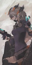 Rule 34 | 1girl, arknights, belt, belt pouch, breasts, closed mouth, commentary, cowboy shot, dragon horns, dust cloud, expressionless, from side, gas mask, gloves, half gloves, highres, holding, holding test tube, holding weapon, horns, kensei (v2), long hair, long sleeves, mask, mask around neck, medium breasts, mouth mask, orange eyes, pouch, purple gloves, purple shirt, saria (arknights), shield, shirt, silver hair, skin tight, solo, symbol-only commentary, syringe gun, test tube, weapon