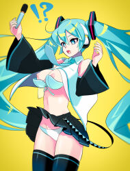 Rule 34 | !?, 1girl, akai kuro, black skirt, black thighhighs, blue bra, blue eyes, blue hair, blue nails, blue necktie, blue panties, bow, bow bra, bra, bra pull, breasts, clothes lift, clothes pull, detached sleeves, embarrassed, exclamation mark, hair ornament, hatsune miku, headset, highres, holding, large breasts, long hair, long sleeves, microphone, navel, necktie, nipples, open clothes, open mouth, open shirt, panties, pantyshot, pleated skirt, question mark, shirt, shirt lift, skirt, skirt lift, sleeveless, sleeveless shirt, standing, strapless, strapless bra, striped clothes, striped panties, thighhighs, twintails, underwear, upskirt, vocaloid, white bra, white panties, white shirt, wind, wind lift, yellow background