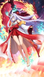 Rule 34 | 1girl, ahoge, bare shoulders, barefoot, blue fire, bow, colored sclera, detached sleeves, dragon, duel monster, eastern dragon, fiery horns, fire, floating, floating hair, full body, hair between eyes, hair ornament, hand on own chest, highres, horns, japanese clothes, jewelry, kimono, kurikara divincarnate, light purple hair, long hair, masin0201, mirror, necklace, orange eyes, parted lips, red bow, sharp teeth, slit pupils, solo, teeth, yellow sclera, yu-gi-oh!