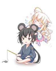 Rule 34 | &gt; &lt;, 1boy, 1girl, :3, ahoge, angel wings, animal ear fluff, animal ears, barefoot, biting, black hair, black kimono, blonde hair, blush, capelet, cat ears, cat girl, cat tail, chibi, closed eyes, closed mouth, ear biting, frilled capelet, frills, grey eyes, heart, heart tail, highres, holding, japanese clothes, kimono, leg warmers, long hair, long sleeves, mafu makura, mouse boy, mouse ears, multicolored hair, original, pink shorts, shorts, streaked hair, tail, very long hair, white capelet, wings