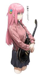 Rule 34 | 1girl, aqua eyes, bad id, bad twitter id, black skirt, bocchi the rock!, breasts, cropped legs, cube hair ornament, gotoh hitori, guitar, hair ornament, high collar, highres, instrument, jacket, long hair, long sleeves, looking afar, one side up, open clothes, open jacket, parted lips, pink hair, pink jacket, pleated skirt, shaded face, simple background, skirt, small breasts, solo, tachibana wataru (123tsuki), translation request, white background