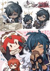 Rule 34 | &gt; &lt;, 2boys, ?, alcohol, bird, black gloves, blue hair, blush, bottle, broken bottle, character doll, chibi, closed mouth, dark-skinned male, dark skin, diluc (genshin impact), earrings, eyepatch, fingerless gloves, genshin impact, gloves, heart, holding, jacket, jewelry, kaeya (genshin impact), long hair, male focus, multiple boys, multiple views, open mouth, paper, paper stack, poop, quill, red eyes, red hair, single earring, sparkle, sumipic, sweat, tears, wine