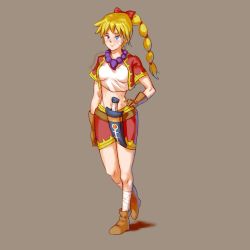 Rule 34 | 1girl, bad id, bad pixiv id, blonde hair, blue eyes, braid, breasts, chrono cross, commentary request, gloves, highres, jewelry, kid (chrono cross), long hair, midriff, multi-tied hair, navel, necklace, ponytail, single braid, skirt, smile, solo, vest