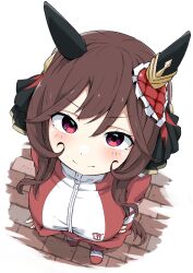 Rule 34 | 1girl, absurdres, animal ears, arms under breasts, black bow, bow, brick floor, brown hair, closed jacket, commentary request, crossed arms, ear covers, ear ornament, from above, gentildonna (umamusume), hair between eyes, hair bow, highres, horse ears, horse girl, horse tail, jacket, long hair, long sleeves, looking up, red eyes, red footwear, red jacket, school emblem, shijimi (sijimi1917), shoes, sneakers, solo, tail, track jacket, umamusume
