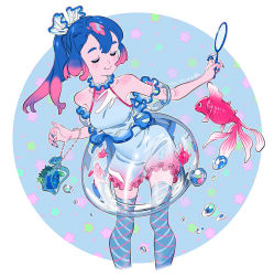 Rule 34 | 1girl, bare shoulders, blue hair, blue nails, blush, breasts, closed eyes, detached sleeves, feet out of frame, fish, frills, goldfish, highres, holding, long hair, multicolored hair, nail polish, original, pink hair, see-through, short sleeves, signature, sleeveless, small breasts, smile, solo, star (symbol), thighhighs, two-tone hair, umishima senbon