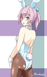 Rule 34 | 1girl, akai akasaki, alternate costume, animal ears, ass, back, bare shoulders, blue eyes, blue leotard, blush, bow, bowtie, breasts, detached collar, fake animal ears, hair between eyes, kantai collection, leotard, looking at viewer, looking back, open mouth, pantyhose, pink hair, playboy bunny, ponytail, rabbit ears, rabbit tail, shiranui (kancolle), short ponytail, small breasts, solo, strapless, strapless leotard, surprised, tail, twitter username, wrist cuffs