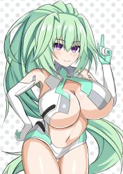 Rule 34 | 1girl, breasts, cleavage, green hair, green heart (neptunia), hand on own hip, highres, huge breasts, index finger raised, leaning forward, legs, long hair, looking at viewer, navel, neptune (series), ponytail, purple eyes, smile, solo, thick thighs, thighs, vert