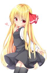 Rule 34 | 1girl, :o, alternate hair length, alternate hairstyle, arms up, black skirt, black thighhighs, black vest, blush, breasts, commentary, contrapposto, cowboy shot, finger to mouth, from side, hair between eyes, hair ribbon, head tilt, highres, long hair, long sleeves, looking at viewer, outstretched arm, red eyes, red neckwear, red ribbon, ribbon, rumia, sabana, shirt, simple background, skirt, small breasts, solo, thighhighs, touhou, very long hair, vest, white background, white shirt, wind, wind lift, zettai ryouiki