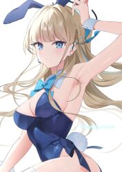 Rule 34 | 1girl, bare shoulders, blonde hair, blue archive, blue bow, blue eyes, bow, halo, highres, leotard, looking at viewer, mizupuruta, official alternate costume, official alternate hairstyle, playboy bunny, simple background, solo, thighs, toki (blue archive), toki (bunny) (blue archive), white background, white wrist cuffs, wrist cuffs