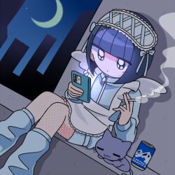Rule 34 | 1girl, angel wings, animal, apron, black eyes, blue hair, blue ribbon, blue socks, blue track suit, blunt bangs, building, can, cat, cellphone, cigarette, crescent, crescent moon, drink can, ezaki bisuko, fishnets, headdress, holding, holding cigarette, holding phone, jersey maid, looking at phone, maid, menhera-chan (ezaki bisuko), moon, night, night sky, phone, ribbon, sabukaru-chan (ezaki bisuko), sitting, sky, skyscraper, smartphone, smoke, socks, solo, track suit, unconventional maid, wings