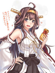 Rule 34 | 10s, 1girl, ahoge, ant (fenixant), blush, brown hair, detached sleeves, gift, gift bag, hairband, hand on own hip, headgear, japanese clothes, kantai collection, kongou (kancolle), long hair, open mouth, personification, purple eyes, ribbon, ribbon-trimmed sleeves, ribbon trim, solo, translation request, valentine, wide sleeves